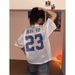 Mesh Letter Print V-neck Short-sleeve T-shirt , Summer Hollow-out Short Jersey, Loose-fitting Top For Both Men_viptrois.com