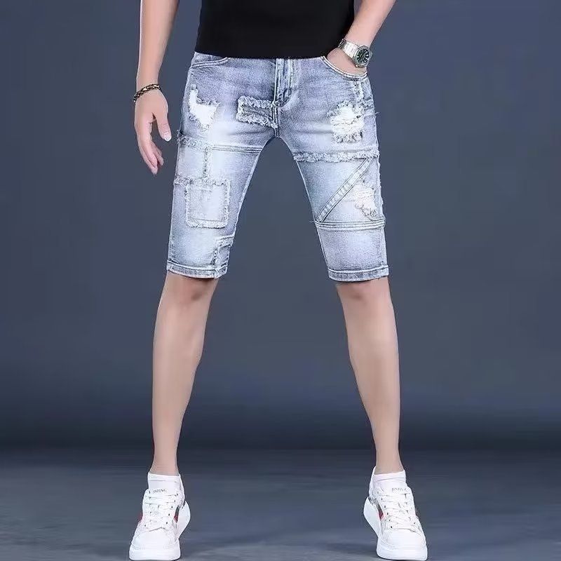 American Casual Trendy Ripped Cat Whiskers Denim Straight Leg Ruff Handsome Summer Men's Five Quarter Pan Student_viptrois.com