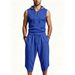 Men's Casual Loose Cropped Sports Two Piece Set Style Waffle Sleeveless Hooded Vest With Pants_viptrois.com