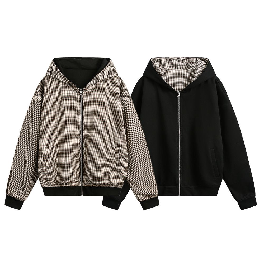 Reversible Hooded Cardigan Sweatshirt Unisex Spring Autumn Casual Loose Versatile Plaid Short Jacket Two-Way Wear_viptrois.com