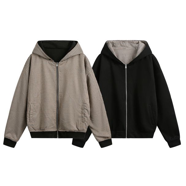 Reversible Hooded Cardigan Sweatshirt Unisex Spring Autumn Casual Loose Versatile Plaid Short Jacket Two-Way Wear_viptrois.com