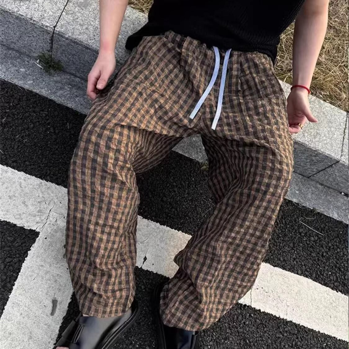 Men's Clothing Men's Textured Island Style Seersucker Plaid Casual Pants High Street Fashion Loose Wide Leg Trousers Spring Summer_viptrois.com