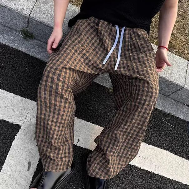 Men's Clothing Men's Textured Island Style Seersucker Plaid Casual Pants High Street Fashion Loose Wide Leg Trousers Spring Summer_viptrois.com