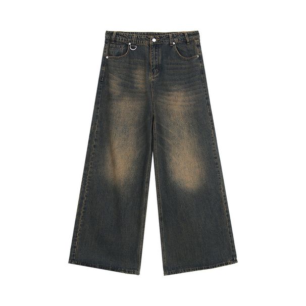 Mens Washed Retro Straight Jeans Autumn New Loose Versatile Wide Leg Floor Length Trousers Vintage Distressed Denim_viptrois.com