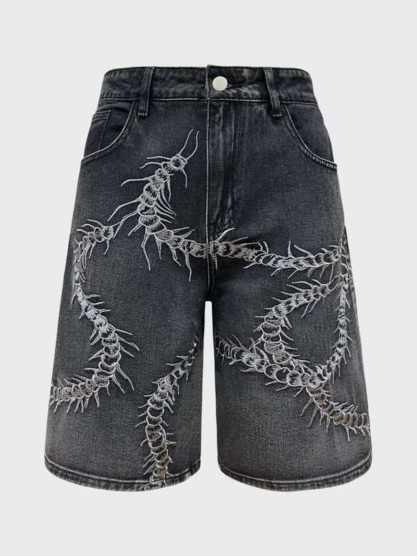 Amazon's European And American Retro Washed Denim Shorts For Men, Featuring Centipede Embroidery, Loose Fit, Street Style, Hip Hop, Trendy, Versatile Men's Trousers._viptrois.com