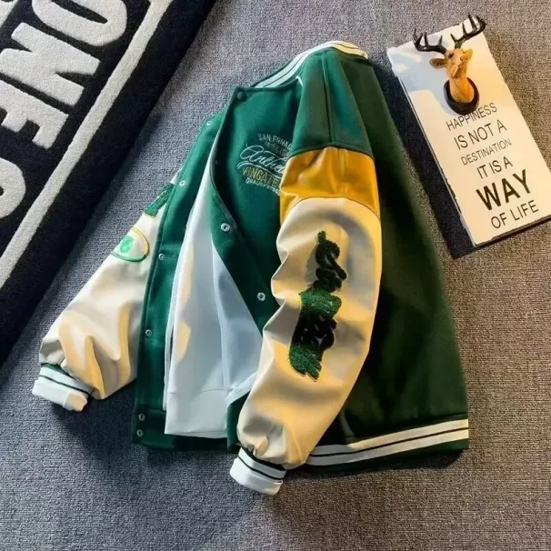 2025 Neue Frühjahr Männer Woolen Jacke Bestickt Vintage Stil Koreanische Trendy Baseball Uniform Patchwork Leder Mantel_viptrois.com
