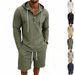 Men's Clothing Men's Summer Outfit Loose Linen Jacquard Striped Casual Long Sleeve Henley Top With Hood And Shorts Set_viptrois.com