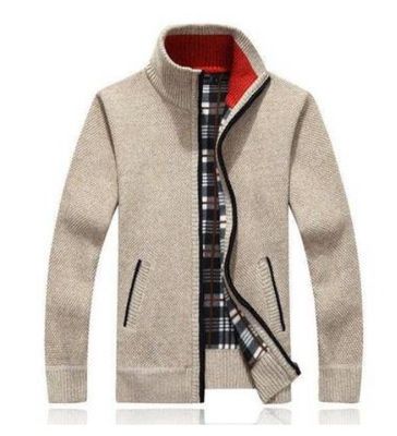 Pulse Foreign Trade Autumn Winter New Men's Cardigan Fleece Lined Stand Collar Thickened Middle-aged Knitted Sweater Solid_viptrois.com