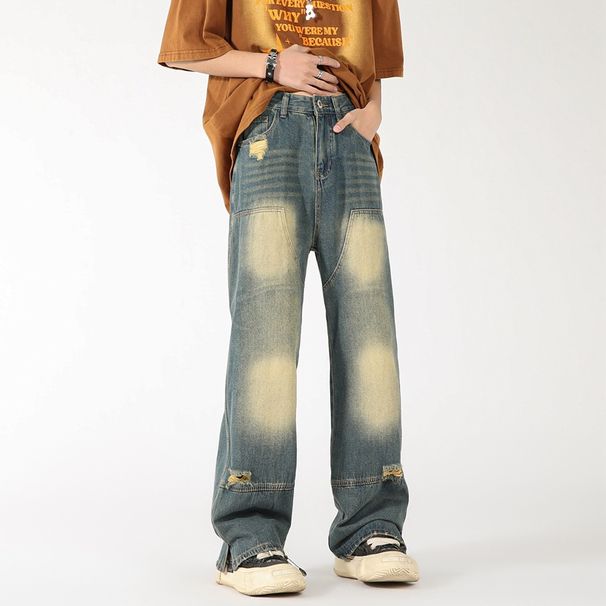 LKTM Men's Wear # American Ripped Jeans Men's Trendy Brand Washed Loose Straight Leg Split Bottom Logging Pants 2D8_viptrois.com