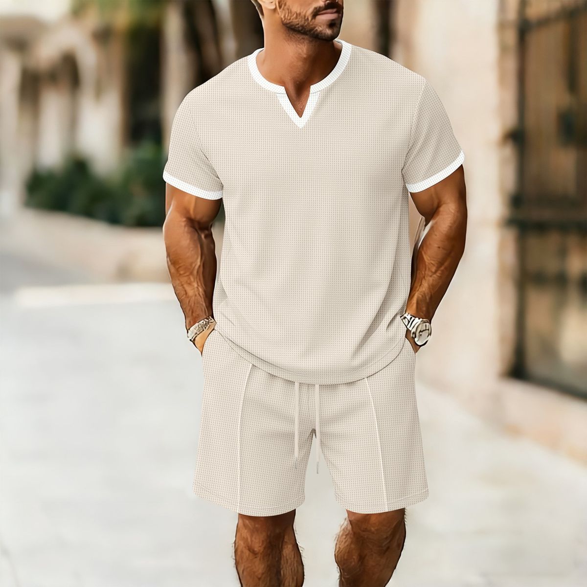 Men's Waffle Knit V-Neck T-Shirt & Shorts Set - Breathable, Comfortable, Casual Summer Outfit (Multiple Colors & Sizes)_viptrois.com
