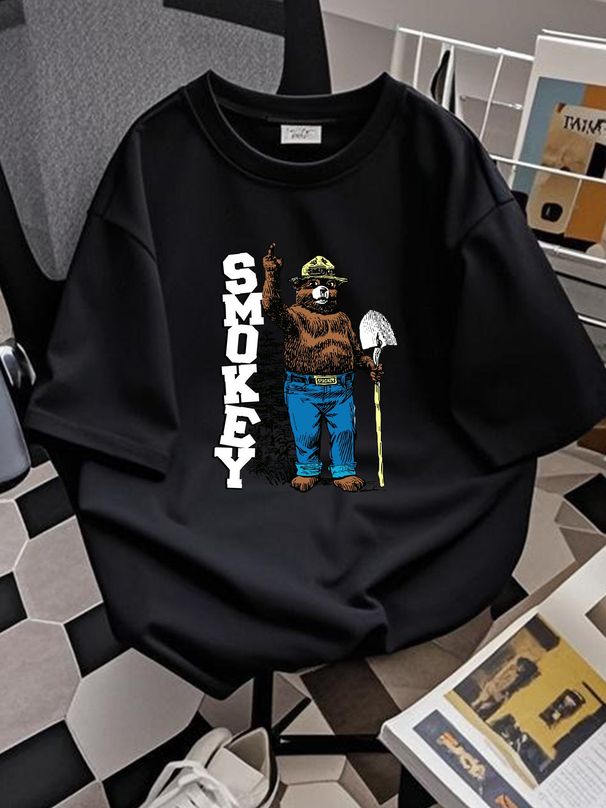 XL Smoky The Bear Damaged T Shirt Summer Soft Casual Breathable Comfortable Stretched Top For Everyday Wear Unisex Homme Versatile Fashion_viptrois.com