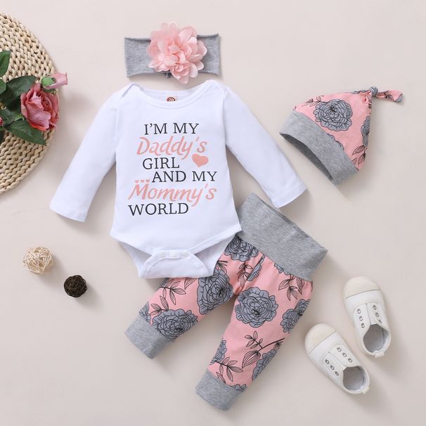 Girls Autumn And Winter New Korean Style Hot Selling Long Sleeved Letter Printed Top + Flower Pants Four Piece Set_viptrois.com