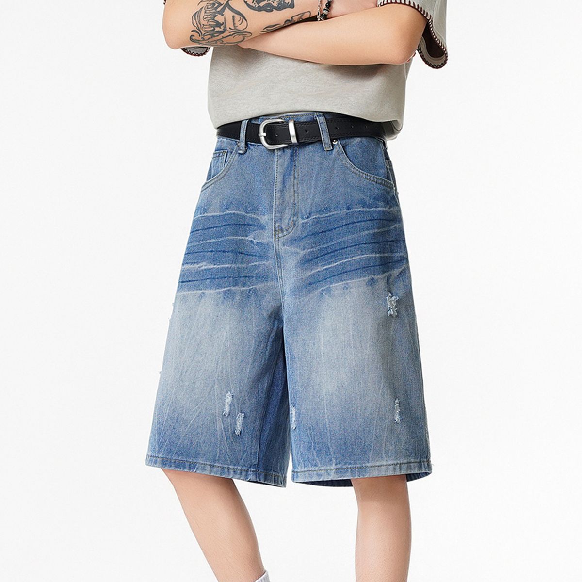 Men's Clothing Men's Black Lightning Striped Ripped Denim Shorts Washed Five Point Summer Style Trendy High End Fashion Pants_viptrois.com