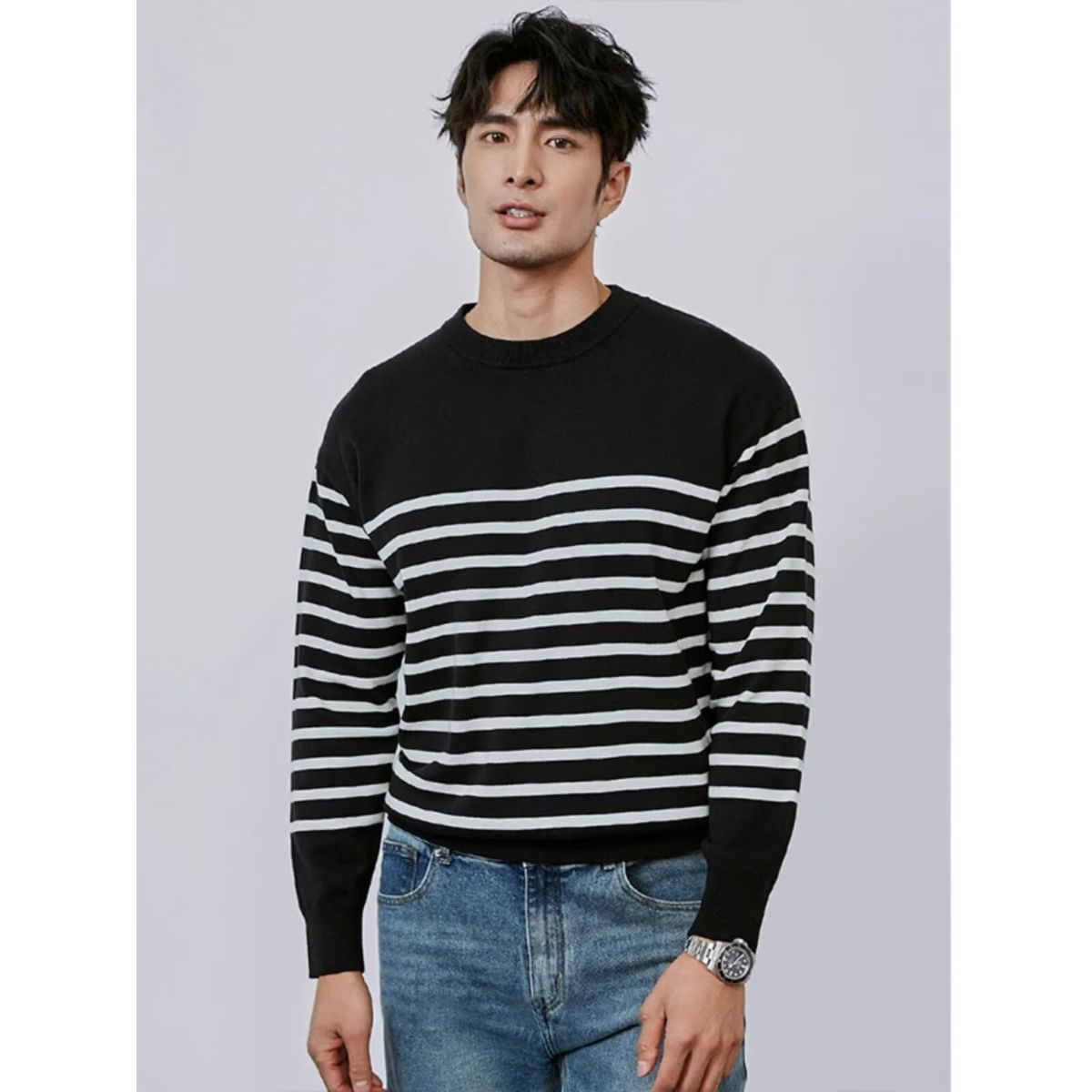 Striped Long Sleeved Knitted Sweater, Men's Slim Fit, Thin Design, Inner Layer As Base_viptrois.com