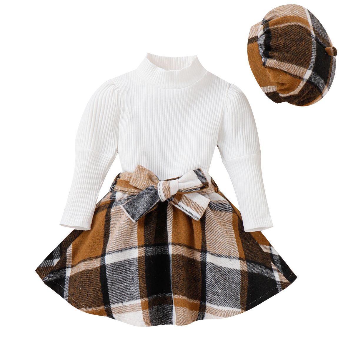 Children's clothing fashion girls' suit knitted top plaid skirt beret three-piece set_viptrois.com