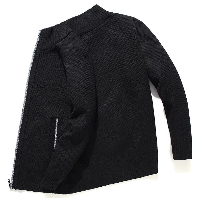 Men’s Fleece-Lined Knit Cardigan – Winter Stand Collar Zipper Jacket (Black/Burgundy/Brown, M-3XL)_viptrois.com