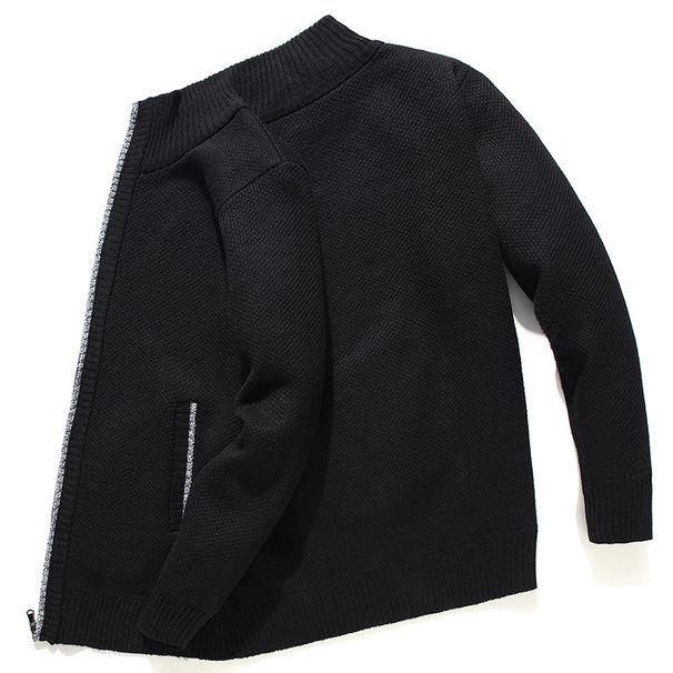Men’s Fleece-Lined Knit Cardigan – Winter Stand Collar Zipper Jacket (Black/Burgundy/Brown, M-3XL)_viptrois.com