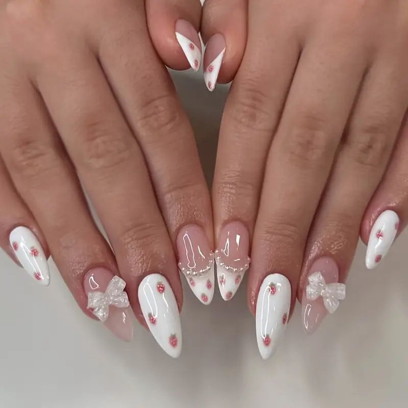 Gorgeous Wearable Nails With Flower Bowknots, Glittering Diamond Nail Pieces, Almond Shaped Short False Nails, Finished Products_viptrois.com