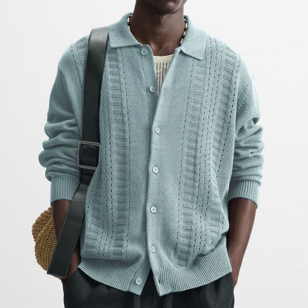 Men's Casual Knit Cardigan – Breathable Openwork Collar Lightweight Sweater (M-3XL, Machine Washable, Poly-Cotton Feel, Fall Layering Essential)_viptrois.com