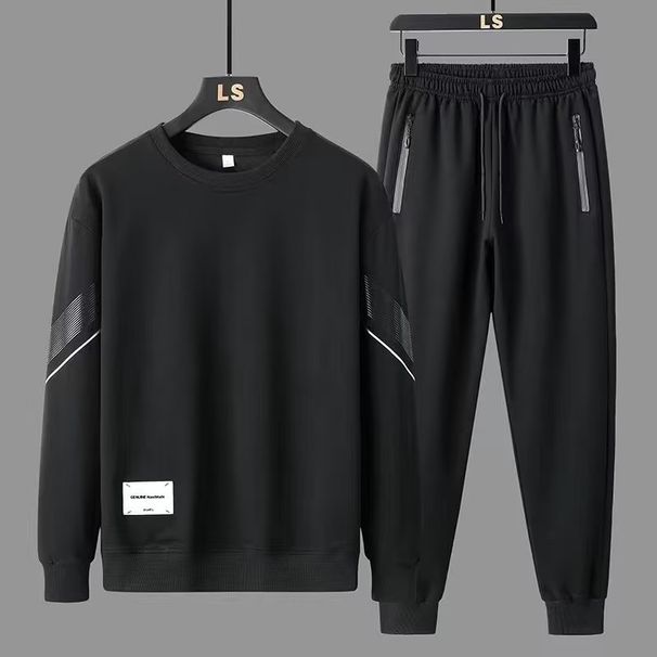 Zipper Pocket Autumn Black Lon Sleeve Sweatshirt And Sweatpants Two-Piece Set Trendy Brand Runnin Sports Men's_viptrois.com