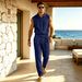 Men's Linen Blend Asymmetrical Button Shirt With Trousers Set, Breathable Cotton-Like Summer Outfit For Casual Wear, Sizes S To Xxxl_viptrois.com