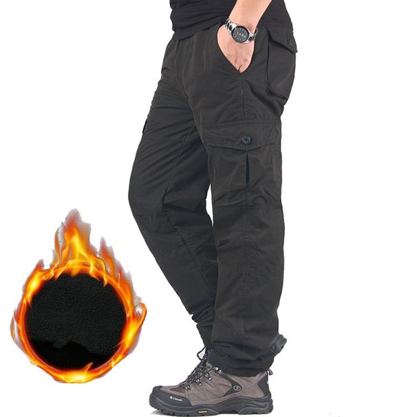 Men's clothing with fleece thickened multi-pocket cargo pants Men's pants outdoor casual pants loose and warm_viptrois.com
