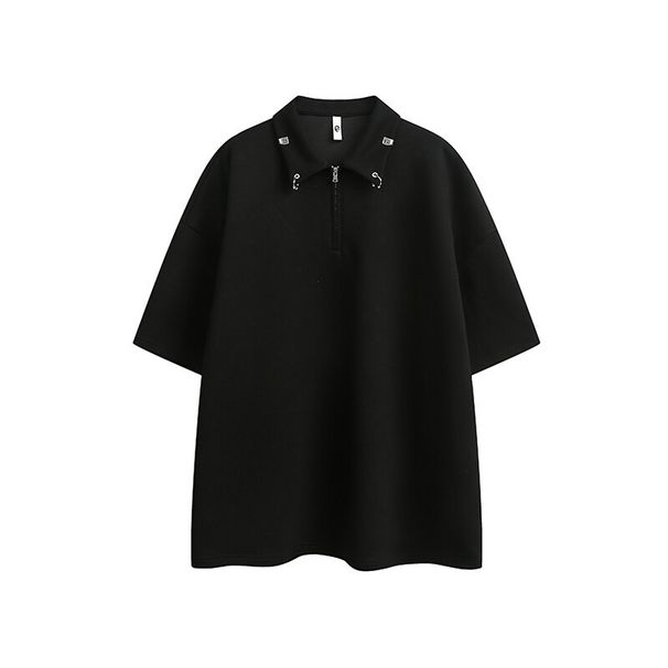 Men's Clothing Half Zip Metal Button Polo Shirt Long Sleeved T Shirt For Men And Women Ins Loose Trendy Retro High Street Design Tops_viptrois.com