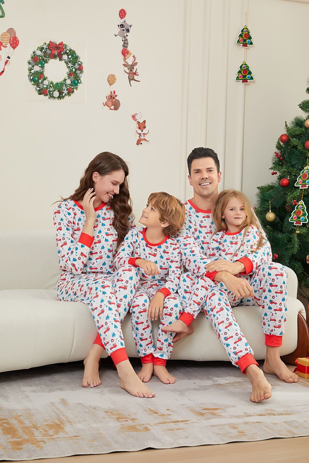 Christmas tree car full of flowers Christmas family clothing printed home clothes pajamas_viptrois.com