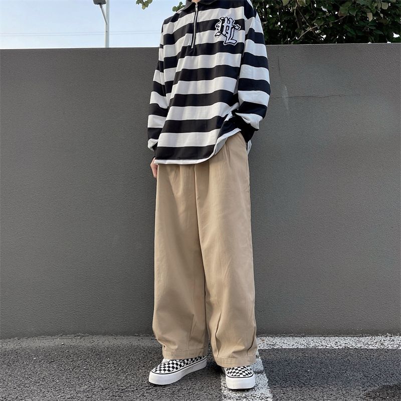 Men's Clothing Retro Solid Color Loose Wide Leg Pants High Street Straight Casual Trousers_viptrois.com
