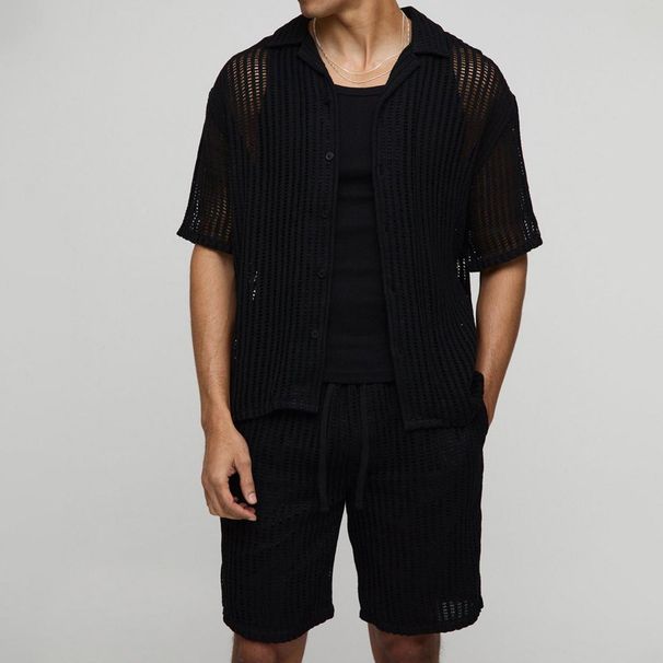 Men's Clothing Casual Fashion Solid Color Shirt Shorts Two Piece Suit_viptrois.com