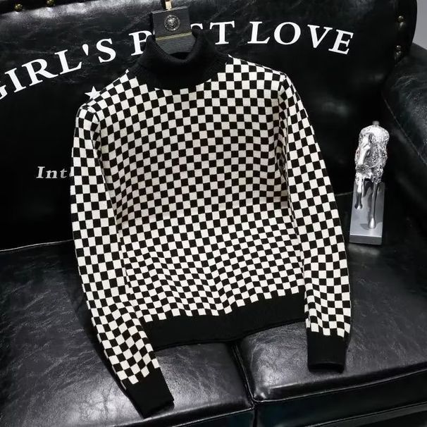 High Neck Sweater, Internet Famous Trendy Brand Slim Fit Checkered Jacquard Thread Jacket, Men's Autumn And Winter New_viptrois.com