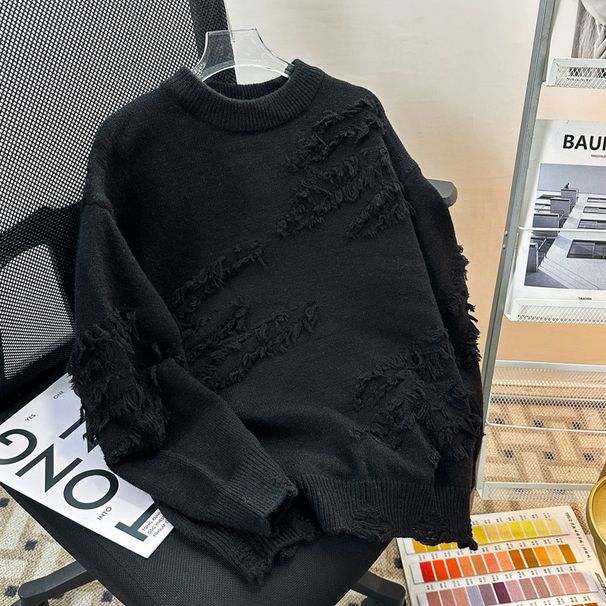 Men's Clothing Hole Pullover Sweater Loose Trend Retro Versatile Casual Hem Slit Knitted Sweater_viptrois.com