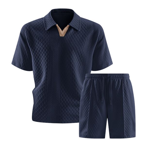 Men's Fashion 3D Polo Collar Short Sleeve Casual Suit Solid Color New Summer_viptrois.com