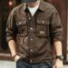 Men's Vintage Denim Jacket With Fleece Lining, Multi-Pocket Workwear Style, Heavyweight Washed Cotton For Winter_viptrois.com