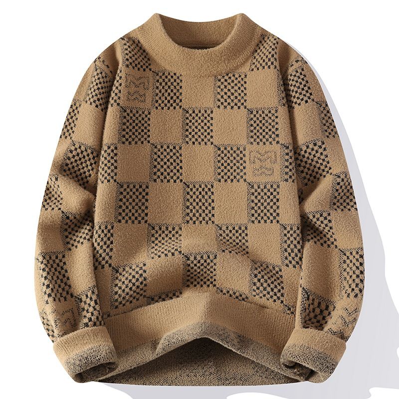 Men’s Chunky Knit Turtleneck Sweater - Oversized Pullover With Embroidered Badge (Black/Red/Khaki/Dark Green)_viptrois.com