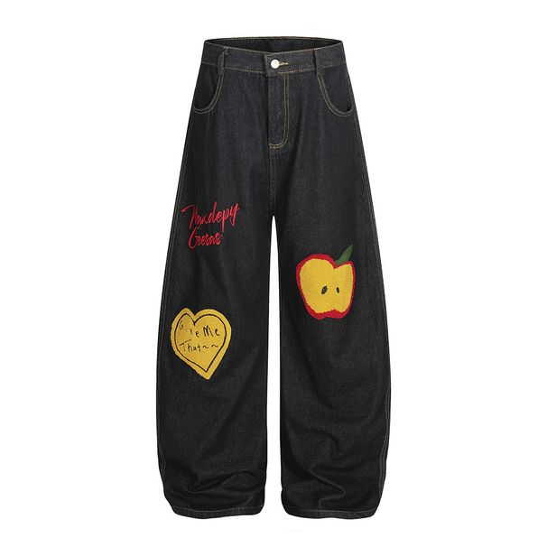 Personized Embroidered Denim Wide-Leg Men's Trendy Brand High Street Niche Silhouette Design Scimitar Pants Loose_viptrois.com