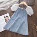Toddler Girls Clothing Fashionable Dress Summer New Style Girl's Temperament Pearl Seersucker Sleeves Spliced Soft Denim A Line Skirt_viptrois.com