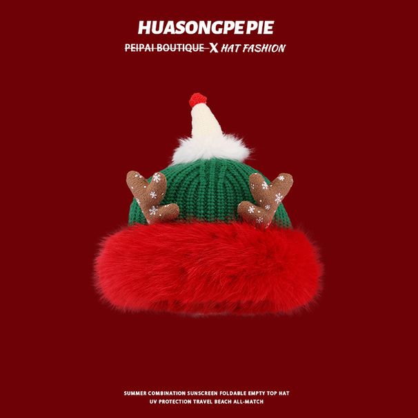Christmas hat cute antlers plush thickened warm knitted hat men's and women's plush versatile gift ear protection wool hat_viptrois.com