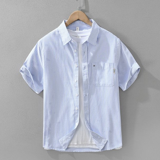Oxford Striped Short Sleeved Shirt For Men, Fashionable And Versatile, Artistic And Casual Loose Top_viptrois.com