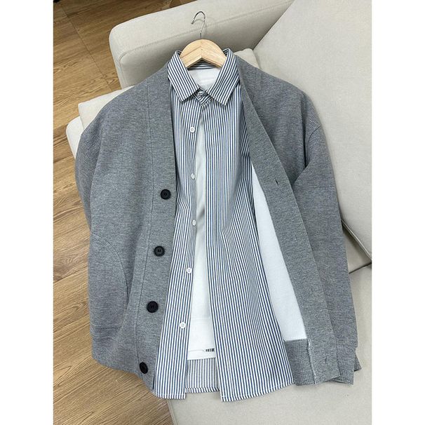 Men's Clothing Men's Waffle Knit Cardigan - Oversized V-Neck Open Front Jacket (Black/Grey, M-XXXL)_viptrois.com
