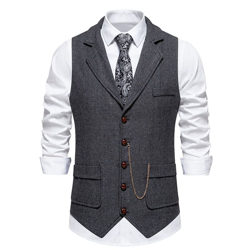 Men's Retro Herringbone Tweed Suit Vest Retro Lapel Horse Chain Armor Vest Detective Clothing_viptrois.com