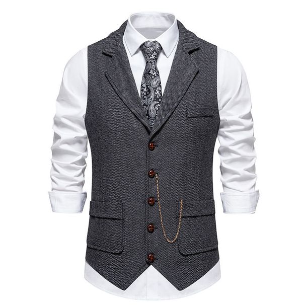 Men's Retro Herringbone Tweed Suit Vest Retro Lapel Horse Chain Armor Vest Detective Clothing_viptrois.com