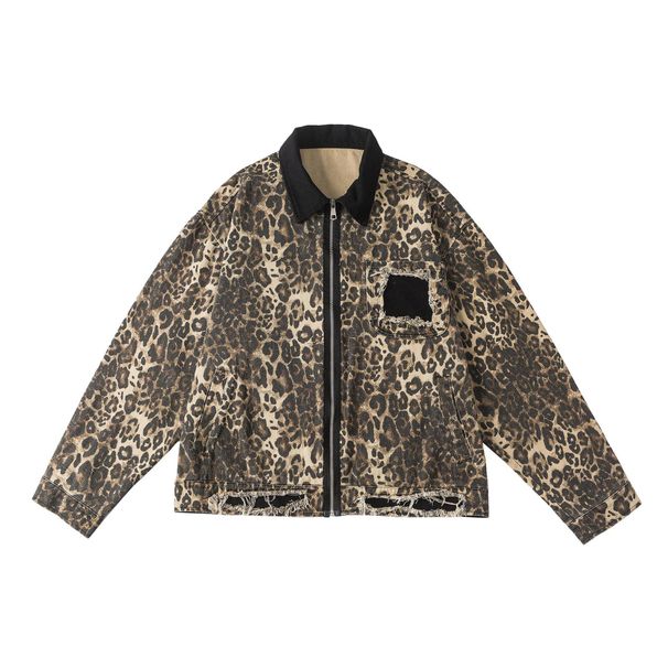 Color Blocking Leopard Print Denim For Men, Spring Autumn American Style Lapel, High Loose Fit, Cool And Explosive_viptrois.com