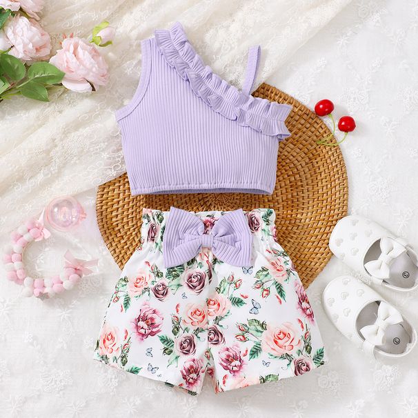 Ins Popular Baby Girl Sleeveless Solid Color Top And Floral Shorts Set_viptrois.com