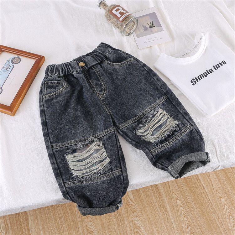 Children's clothing Boys' ripped doily jeans spring and autumn new style children's handsome casual pants boys' versatile pants trendy_viptrois.com