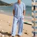Summer Loose Men's Beach Linen Breathable Casual Large Size Lapel Independence Day Trousers Suit_viptrois.com