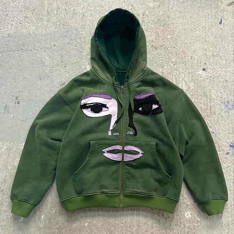 Men's Clothing Character Patchwork Loose Punk Style Street Cardigan Zipper Hooded Sweatshirt_viptrois.com