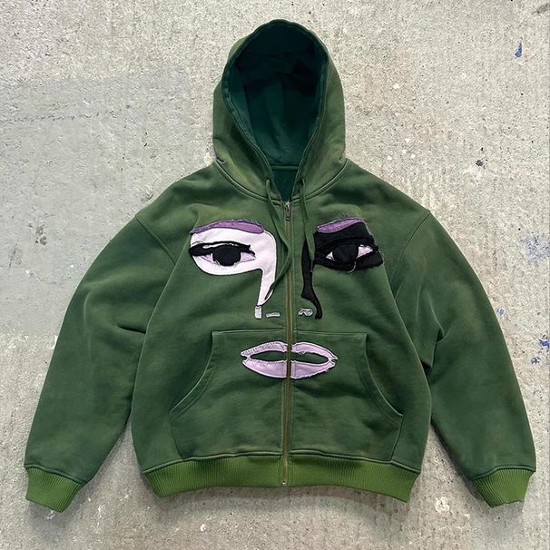 Men's Clothing Character Patchwork Loose Punk Style Street Cardigan Zipper Hooded Sweatshirt_viptrois.com