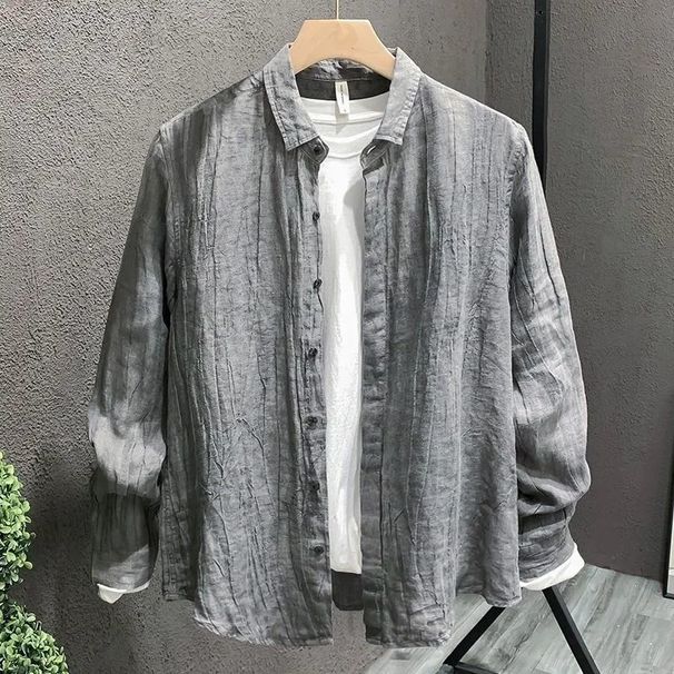 Spring And Summer New Men's Linen Solid Color Lapel Long Sleeved Shirt Trendy All Match Loose Casual Shirt Jacket Men_viptrois.com