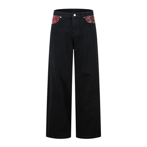 Trendy Washed Jeans For Men Loose Casual Python Pattern Splicing Design Wide-Leg Straight Long Pants_viptrois.com
